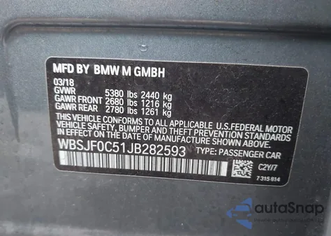 2018 BMW M5 z USA, uszkodzony, nr VIN WBSJF0C51JB282593